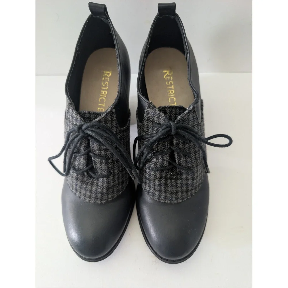 Restricted Womens Black Houndstooth Lace Up Oxford Block Heel Booties Size 6.5